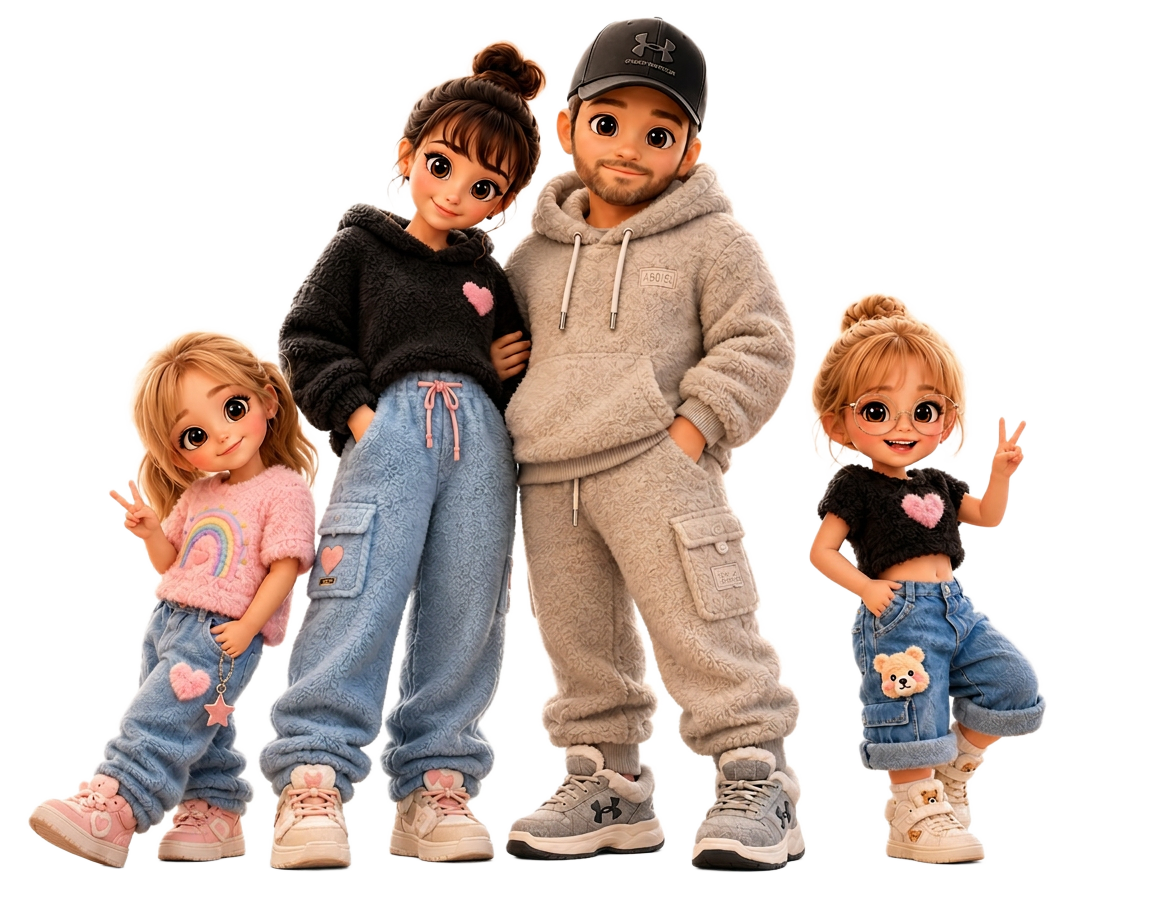 Illustration of James with his family — a dad and three children, smiling together